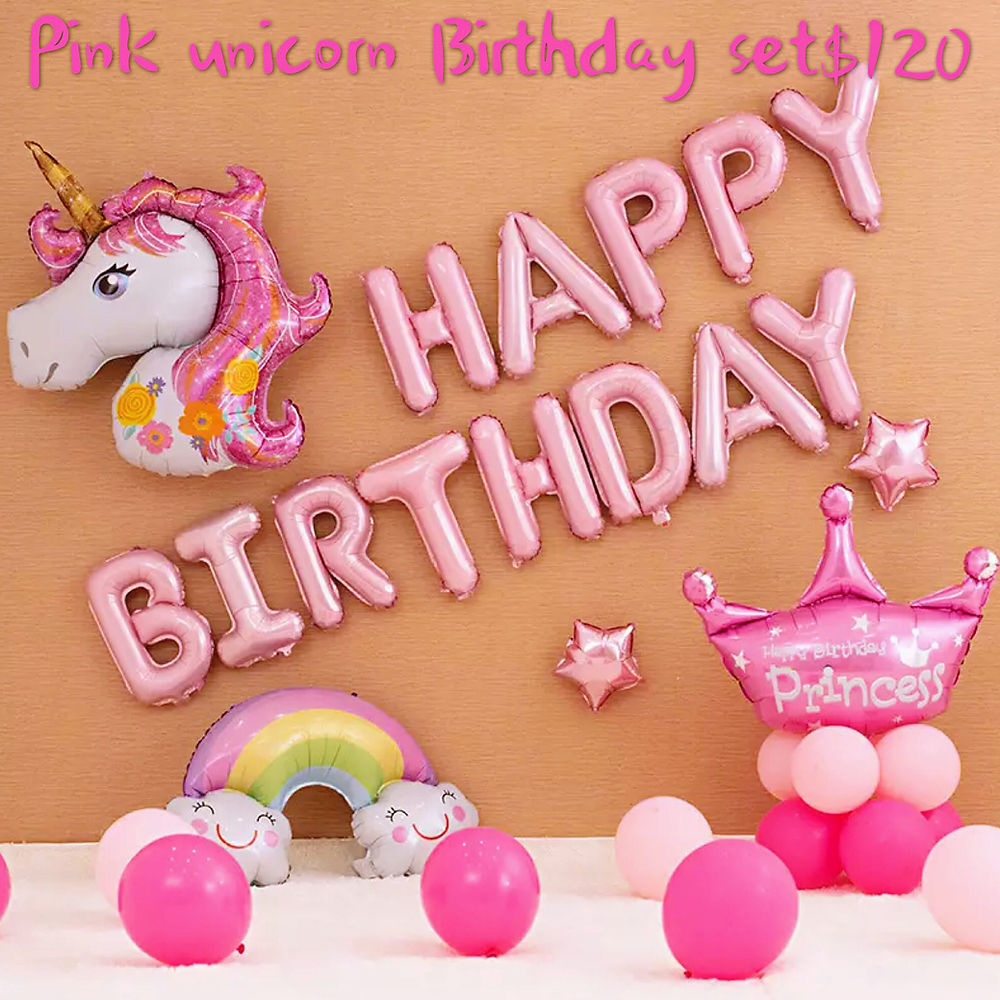 Pink unicorn happy birthday set
