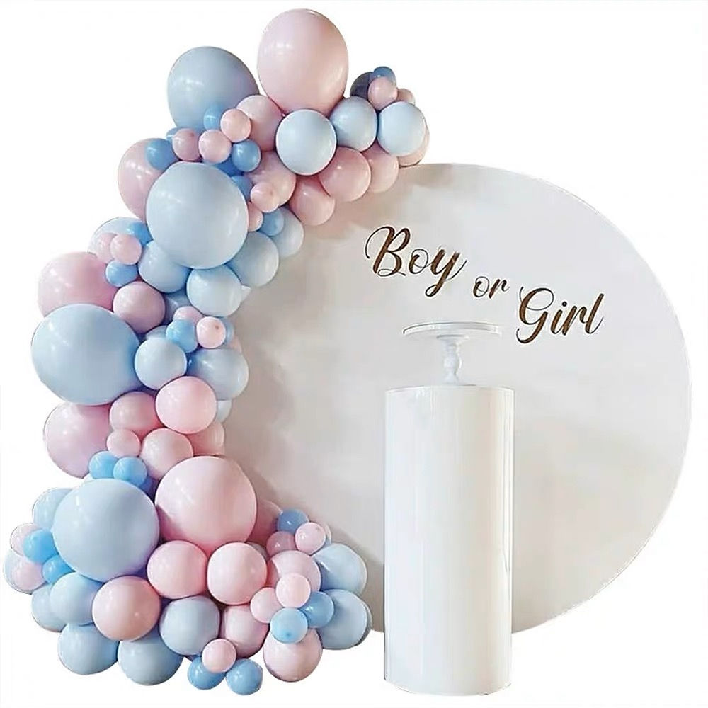 Gender reveal backdrop with balloon garland