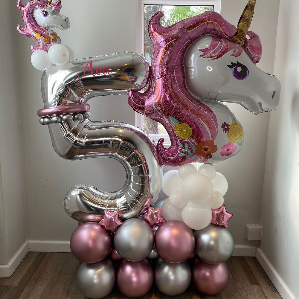 Unicorn balloon stand with number balloon