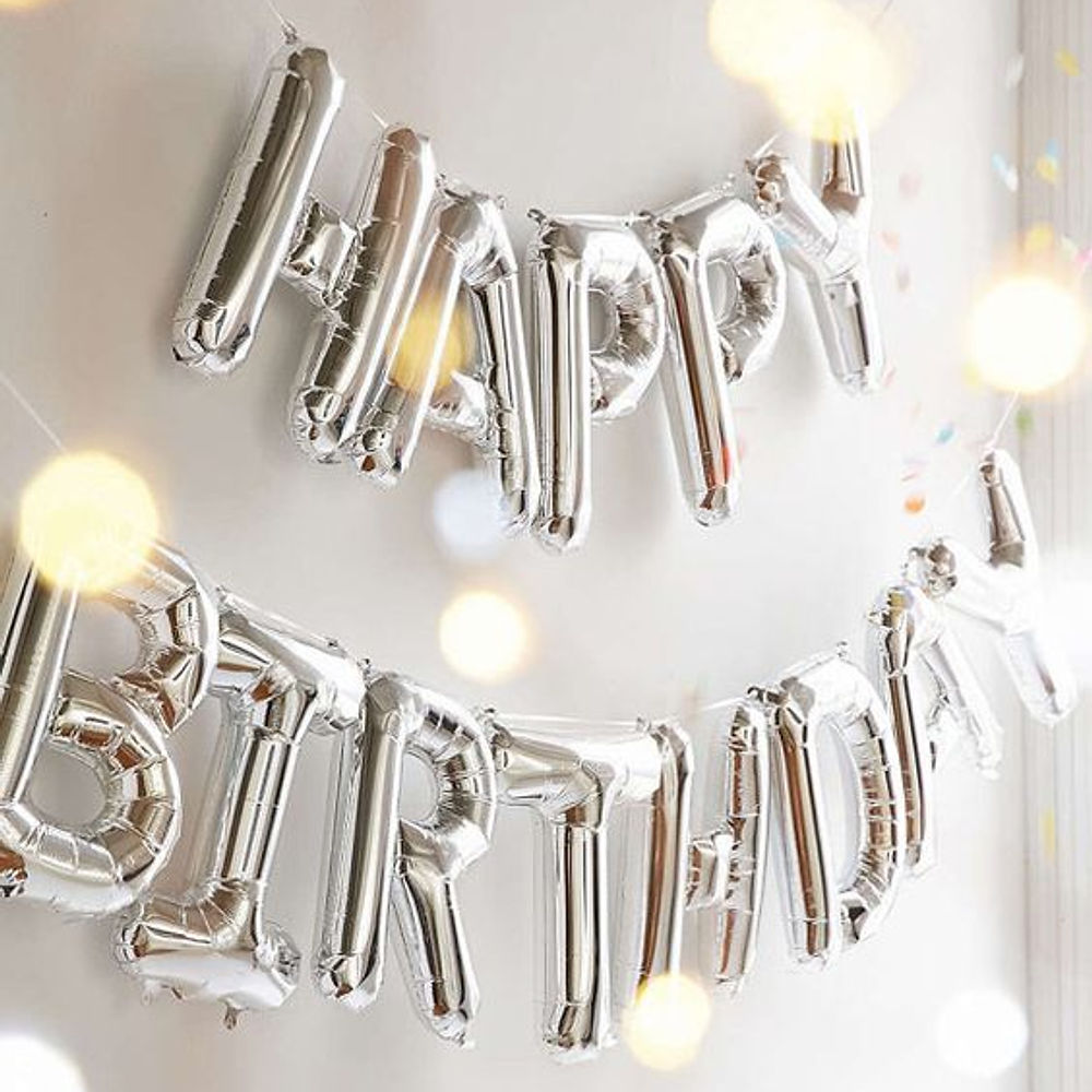 美版Happy birthday可懸掛銀色字樣鋁箔氣球